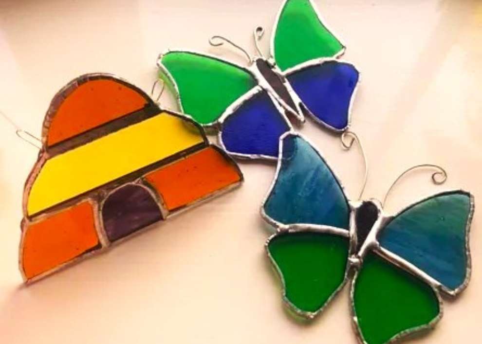 Stained Glass copper foil beehive and butterflies workshops at Stanwick Lakes